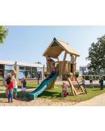 HY-LAND Q2 houten speeltoestel met glijbaan en klimnet | Outdoorspeelgoed.nl