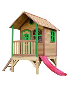 AXI Tom Speelhuis Bruin/groen met rode glijbaan - Cederhout speelhuisje | Outdoorspeelgoed.nl