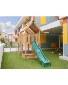 HY-LAND Speeltoestel P4 - Professioneel houten speeltoestel met groene glijbaan | Outdoorspeelgoed.nl