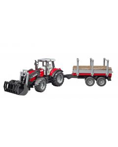 Bruder 2046 Massey Ferguson 7480 tractor met voorlader en houttransport trailer