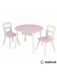 Set met ronde opbergtafel en 2 stoelen - roze en wit
